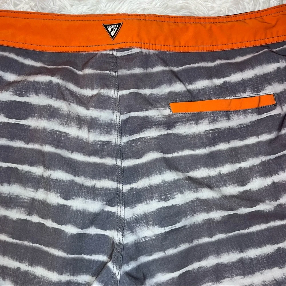 SOCIETY Of The Sun Men’s Orange Gray Striped Swim Board Shorts 36